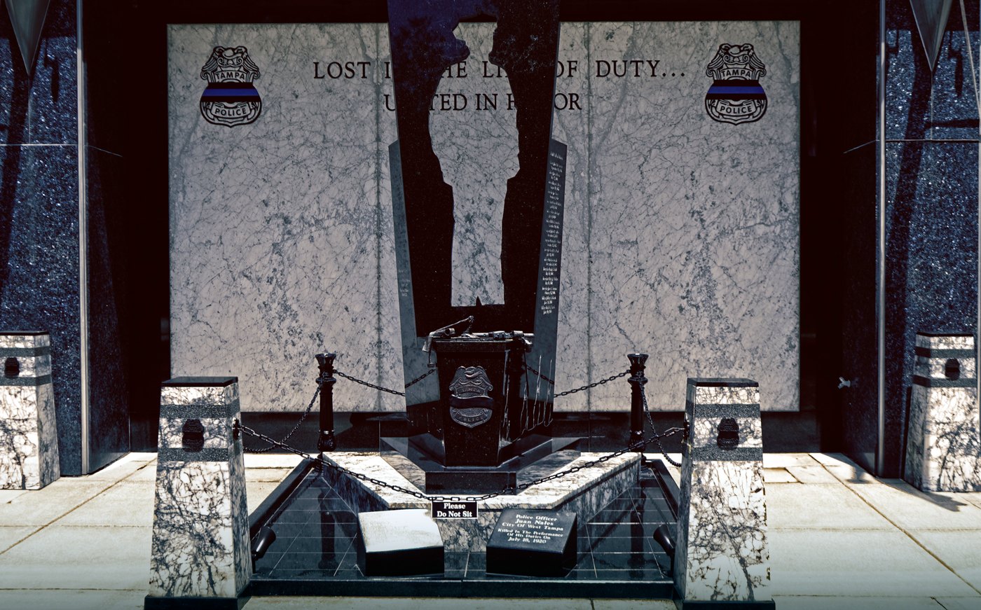 The Tampa Police Memorial monument, inscribed Lost in the Line of Duty, United in Honor